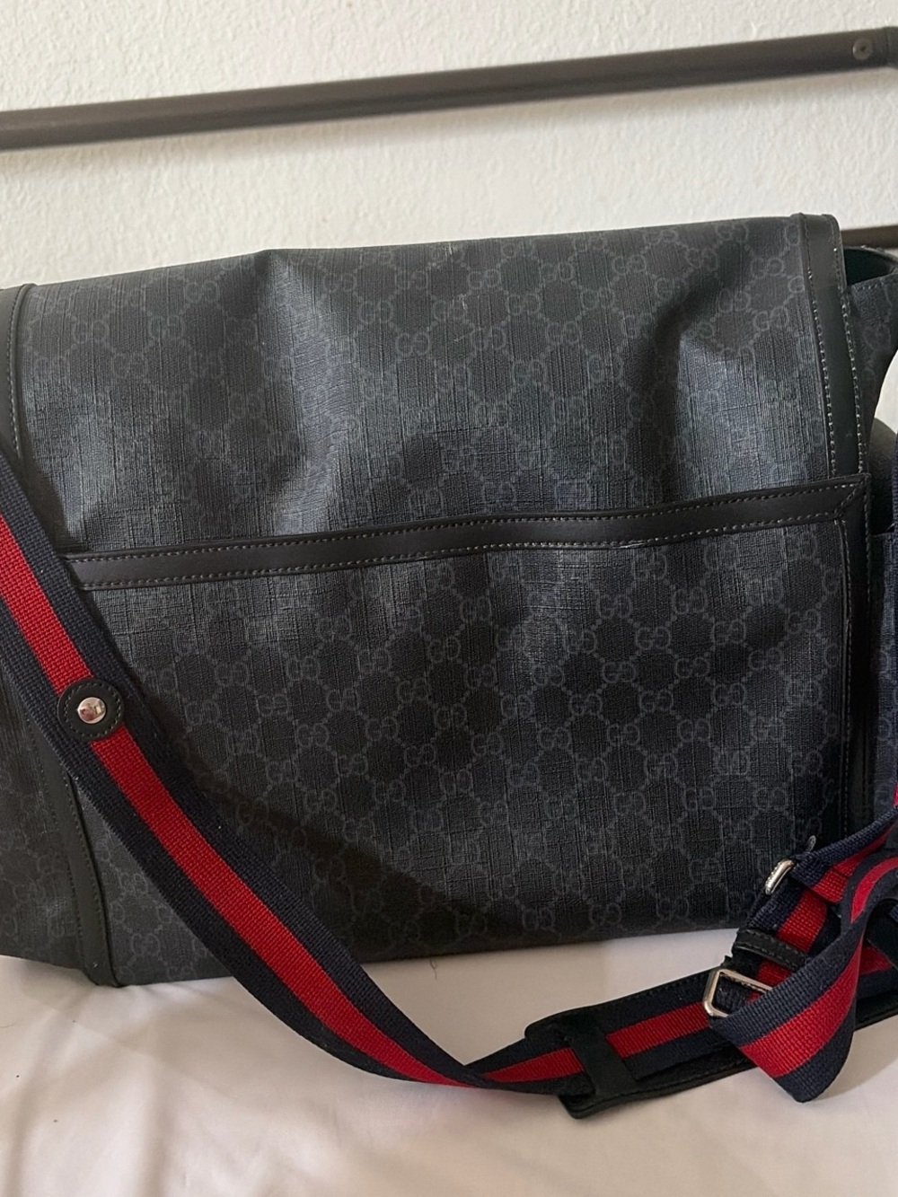 Gucci Black Monogram Messenger Bag with Red/Blue Stripe Strap